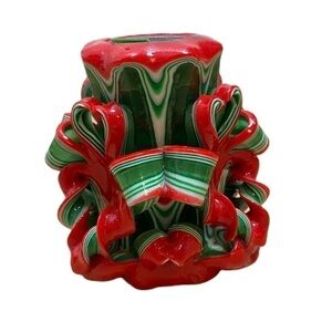 Handcrafted Carved Christmas Candle Red Green Swirl Holiday Decor